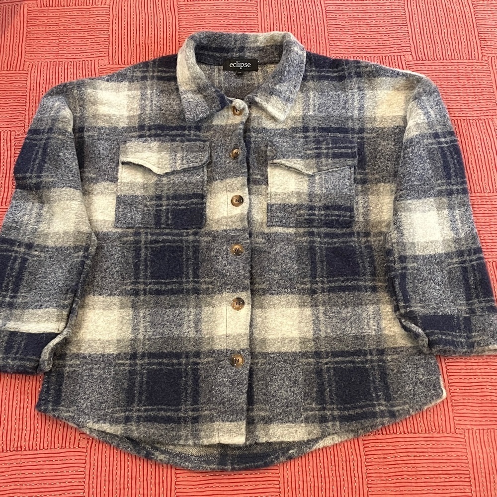 Wool Women’s small plaid checkered shirt Eclipse blue / gray